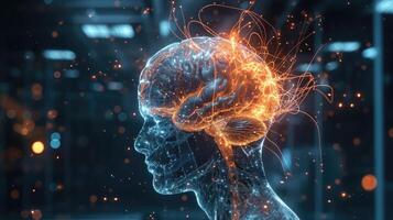 As you work through your thoughts and emotions with a virtual the a holographic projection of your brain displays visualizing the area photo