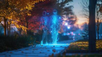 An image of a virtual health and wellness coach and their client walking together in a beautiful outdoor setting discussing the importanc photo
