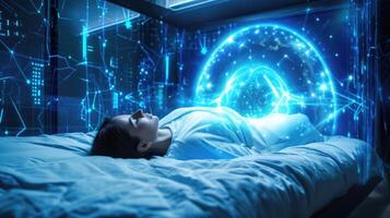 A hologram of a virtual sleep coach displaying a visualization of a peaceful and restful nights sleep while offering tips and technique photo