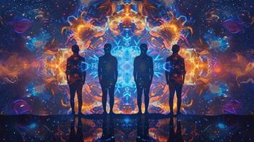 A holographic drum set floating in midair each hit producing a burst of colored lights and intricate rhythms photo