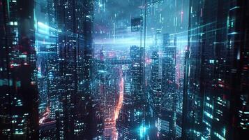 As night falls the cityscape is transformed into a dazzling display of holographic lights and projections creating a breathtakingl photo