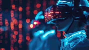 A group of cybersecurity trainees each wearing a headset connected to a virtual reality simulation practicing their responses to photo