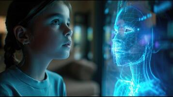 A young girl interacting with a holographic avatar in the form of a native speaker learning and mimicking their accent and mannerisms photo