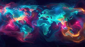 A holographic map of the world appears with vibrant swirling clouds representing the current global weather patterns photo