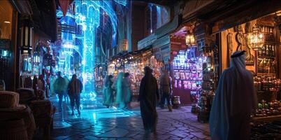 With the help of holograms archaeologists recreate the bustling market square of an ancient city complete with holographic merchants photo