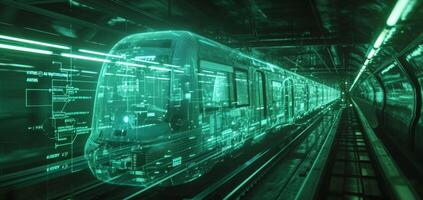 A dynamic hologram of a citys public transport network displaying realtime updates on arrival times and track changes. photo
