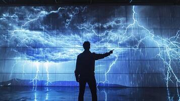 A meteorologist stands in front of a lifesize hologram of a thunderstorm pointing to lightning strikes and rainfall levels photo