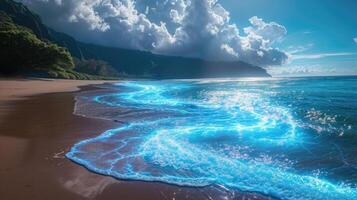 A hologram of a beach scene appears with a calm ocean but as the meteorologist mentions a tsunami warning the hologram turns turbulen photo