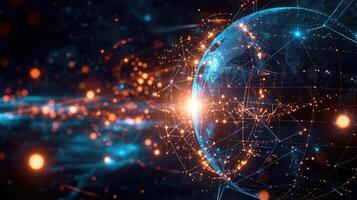 A hologram of a digital globe with different cryptocurrencies represented as pulsating nodes connecting to each other photo