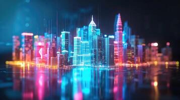 A hologram of a city skyline brings to life an investors diversified portfolio with buildings representing different stocks and ets photo