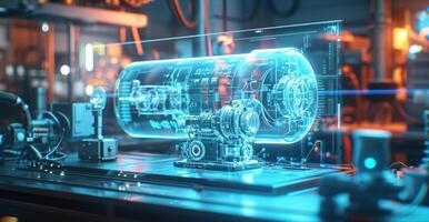 The engineers holographic workstation is filled with holographic displays of intricate mechanisms and diagrams as they finetune the photo