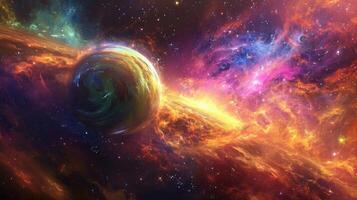 A hologram of a distant planet with colorful swirling gases appearing so vivid and real that one can almost feel the heat emanatin photo
