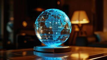 A miniature hologram of a globe spins on a table projecting a web of routes and destinations highlighting the global reach and precisio photo