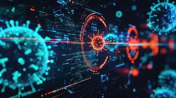 Holographic representations of different types of cyber threats including viruses worms and social engineering schemes floating i photo
