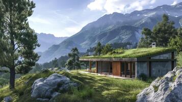 Inspired by its mountain setting this beautiful house is constructed from natural materials with a sloping green roof that merges into the rugged terrain and windows p t photo