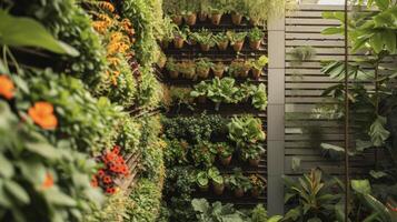 Escape the concrete jungle and find solace in this urban homes unique vertical garden design providing fresh and locallysourced produce right at your doorstep photo