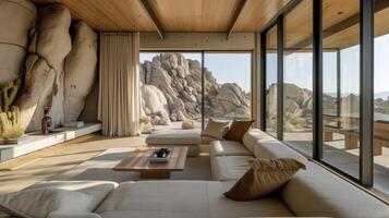 An abundance of natural light filters into this home through the strategically p windows highlighting the organic textures and shapes of the boulders integrated into the design photo