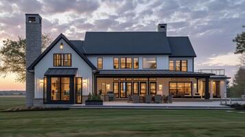 This modern farmhouse exudes elegance and comfort with its chic design and open layout. The large windows allow for an abundance of natural light creating a warm and soothin photo