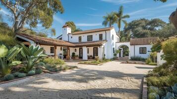 anidado en un lozano bañado por el sol paisaje esta Español colonial rancho exuda un relajado elegancia con sus encalado paredes terracota techo y expansivo patio foto