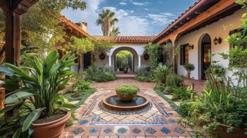 paso espalda en hora y dentro lujo con esta Español colonial rancho presentando intrincado azulejos porticado pasillos y un sereno central patio foto