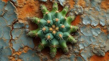 Texture of spiky cacti against a backdrop of barren cracked earth symbolizing the ability of certain species to thrive in even the harshest of conditions photo