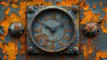 Closeup of the weathered texture of a rusted antique clock face its onceshiny metal now covered in a soft orange patina photo