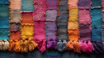 Texture of handwoven tapestry displaying a vibrant mix of colors and patterns that reflect the cultural heritage of the maker photo