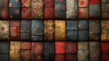 Texture of a worn quilt each patch a different pattern and fabric telling stories of generations past photo