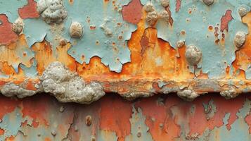 Texture of a rusted metal gate covered in peeling paint and speckled with barnacles from the salty air in a coastal town photo