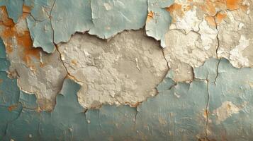 Texture of cracked and chipped walls showcasing the gradual deterioration and aging process of painted surfaces photo