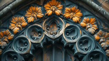 Closeup of intricate and detailed texture of medieval cathedral walls displaying the intricate patterns and designs created by skilled stonemasons photo