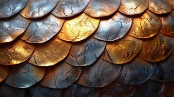 Texture of interlocking scales each one reflecting different shades of silver and gold creating a dynamic and evolving metallic surface photo