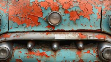 Texture of the worn and chipped paint on an old vintage car showcasing years of use and character photo