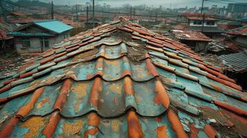 Closeup of a damaged roof the intricate imprints of shattered tiles left behind by the typhoon photo