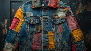 Texture of a denim jacket featuring a faded and distressed look with frayed edges and patchwork detailing. The rugged texture adds a grunge element to the jacket symbolizin photo