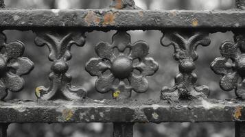 Closeup of a metal gate its onceshiny surface now dulled by years of exposure to the elements its intricate design ly visible photo