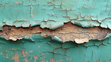 Closeup of paint peeling in the corners exposing glimpses of vibrant turquoise and dull beige underneath a visual representation of the ping of years photo