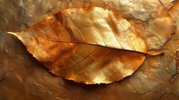 Texture of a golden brown leaf with a crinkled surface and subtle hints of green photo
