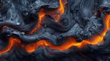 Texture of hardened lava with swirls of orange and black resembling a fiery river frozen in time photo