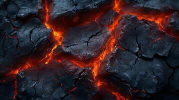 Texture of crackling logs with deep cracks and glowing red embers peeking through photo