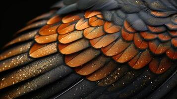 Closeup of the intricate shape and design of a birds tail feathers as it swoops through a swarm photo