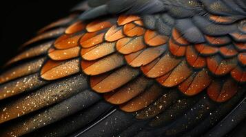 de cerca de el intrincado forma y diseño de un aves cola plumas como eso swoops mediante un enjambre foto