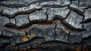 Closeup of deeply cracked and rough bark on an ancient tree its crevices lined with fine strands of moss and lichen photo