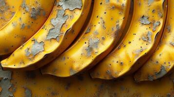 Texture of a banana peel changing from vibrant green to a speckled yellow with hints of brown and a slightly bumpy surface as it ripens photo