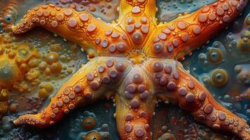 The textured skin of a starfish with small pulsating bumps covering its surface and blending into the vibrant ocean floor photo