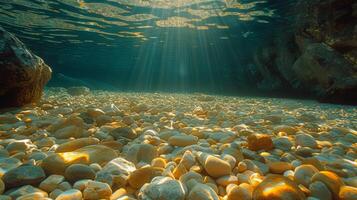 Texture of sunlight filtering through the shallow waters of a creek creating mesmerizing patterns and reflections on the rocky bottom photo
