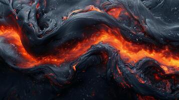 Closeup of molten lava cooling and solidifying creating a mosaiclike pattern of black and red swirls photo