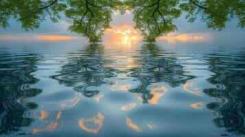Closeup of a lakes reflection showing the gentle sway of tree branches and clouds in the water photo