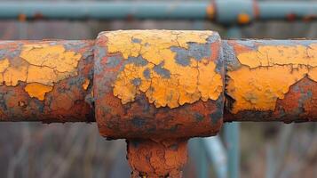 Closeup of orange and rust colored paint flaking off a metal railing leaving behind a rough and uneven surface photo