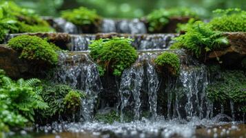 Closeup of moss and ferns clinging to wet rocks at the edge of a cascading waterfall adding pops of vibrant green to the scenery photo